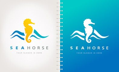 Seahorse and wave logo vector. Underwater design. © Natalia Iachimova