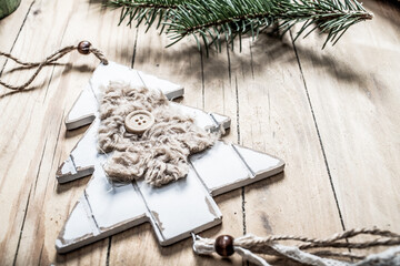 top view of beige and green Christmas decorations cozy home hygge