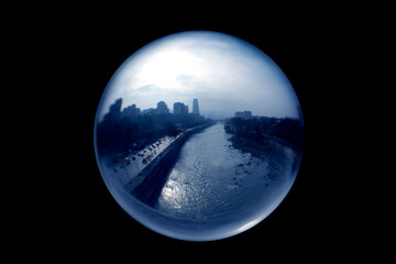 Street view through a lens ball.