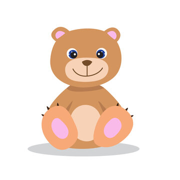 Smiling Teddy Bear, cute vector illustration in flat style. Positive cartoon print for kids and babies. Print for clothes, textile, books, gift wrap, cards, design and decor. Brown sitting baby bear
