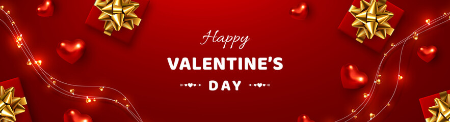Fototapeta na wymiar Happy Valentines day horizontal banner. 3d realistic gift box, metal hearts and lights garland. Red background, love concept. Vector.