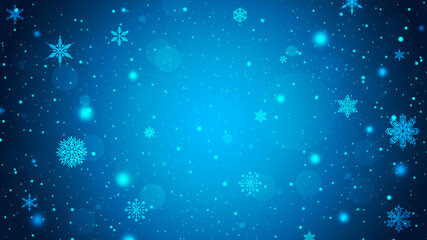 Winter blue gradient bokeh background with snowflakes and snowfall