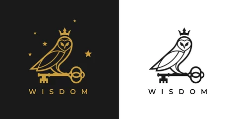 Fotobehang Uil met sleutel en kroon logo icoon. Concept wijsheid symbool. kennis teken. Vector illustratie. © JoelMasson