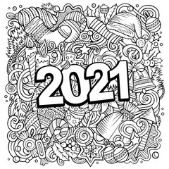 2021 hand drawn doodles illustration. New Year objects and elements poster