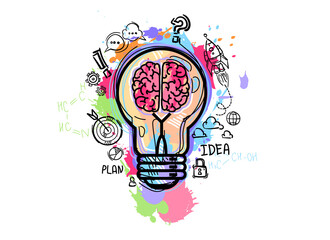 Light bulb with brain and drawing business strategy plan.