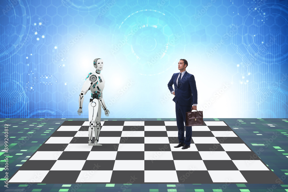 Poster concept of rivalry between robots and humans