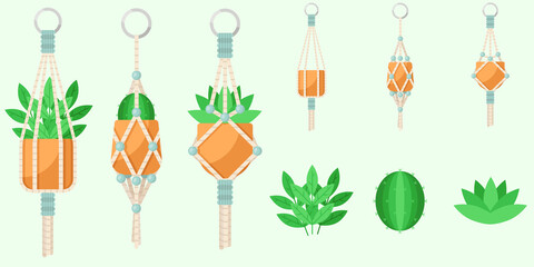 Macrame plants set. Flat vector illustrations of house plants in hanging pots.