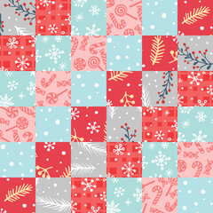 Vector seamless pattern in patchwork style with hand drawn Christmas elements. Cute design for wrappings, textile and backgrounds