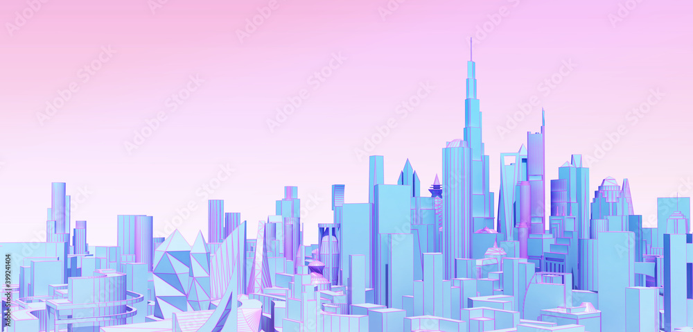 Wall mural abstract city in pink blue tones