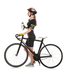 Obraz premium Female cyclist with bicycle and bottle of water on white background
