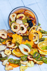 Organic Healthy Assorted Dried Fruit Mix close up. Dried fruit snacks. dried apples, mango, feijoa, dried apricots, prunes top view