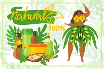 Girl skin beauty, natural cosmetic template design for flat woman concept vector illustration. Organic cream bottle at tropical nature banner. Female health care for beautiful face.