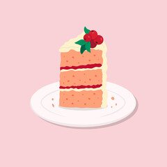 Colorful sweet cake slice. A piece of cake for happy birthday, weddings, celebrations, greeting, invitation cards. Cranberry cake on plate. Vector illustration in cartoon flat style.
