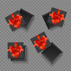 Realistic Detailed 3d Black Present Box with Red Bow Set. Vector