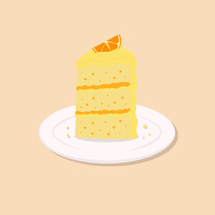Colorful sweet cake slice. A piece of cake for happy birthday, party, weddings, celebrations, greeting, invitation cards. Orange, lemon cake on plate. Vector illustration in cartoon flat style.