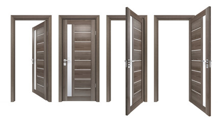 Contemporary set of 3D realistic doors with vertical glass stripe and horizontal wooden planks. High resolution texture of grey oak wood entrances isolated on white background
