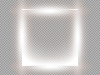 Silver shining square banner. sparkling glowing light effect. Glitter magic square frame on dark transparent background. Vector illustration.
