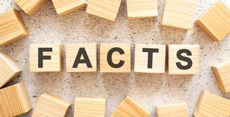 The word FACTS consists of wooden cubes with letters, top view on a light background.