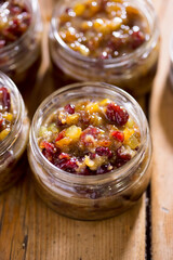Mincemeat: cranberries, raisins, citrus peel, suet, brown sugar in jars - christmas gift