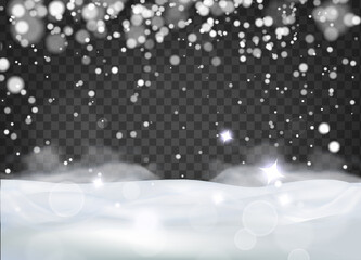 Natural winter christmas background, heavy snowfall, snowflakes, drifts on a transparent background. Happy New Year. Winter landscape with falling snow. Festive background. vector