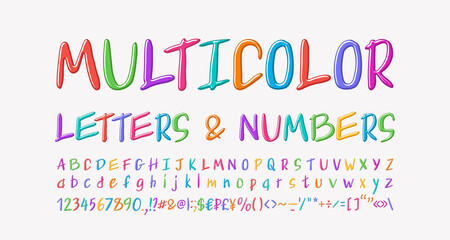 Multicolored handwritten alphabet letters, numbers, punctuation marks. Bright modern lettering font rainbow colors. Vector font set