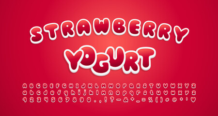 Cute food font. Cartoon alphabet and numbers sweet strawberry color, 3d sticker style. Vector font set