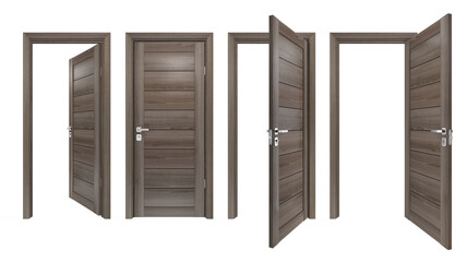 Set of modern, solid hard wood, single, 3D realistic entrances. Front view of closed and open intside, outside doors with grey oak wooden planks