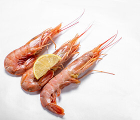 Argentine wild shrimp with lemon on a white background.