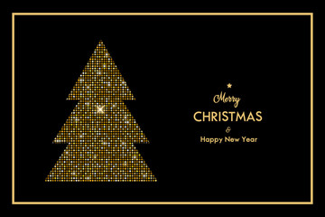 Glittering Christmas tree with the font. Merry Christmas and Happy New Year.
