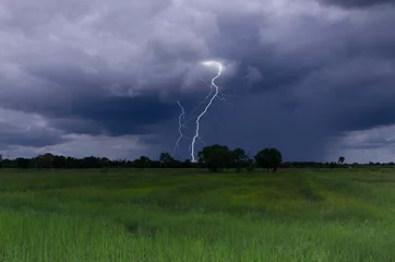 Fotobehang Dangerous lightning over the forest over the field far away © athapet
