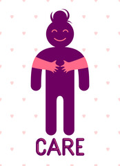 Beloved woman with care hands of a lover or friend hugging her around from behind, vector icon logo or illustration in simplistic symbolic style.