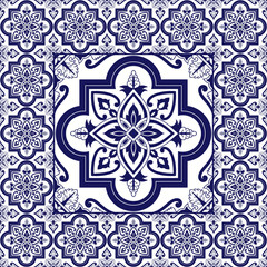 Portuguese tile pattern frame vector with ceramic element print. Blue and white mosaic background with azulejos, mexican talavera, italian sicily majolica, spanish, delft dutch motifs.