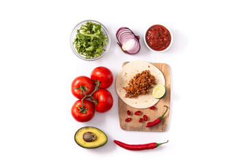 Mexican barquita taco ingredients with beef, chilli, tomato, onion and spices pattern