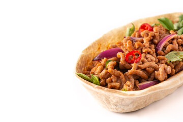 Mexican barquita taco with beef, chilli, tomato, onion and spices isolated on white background