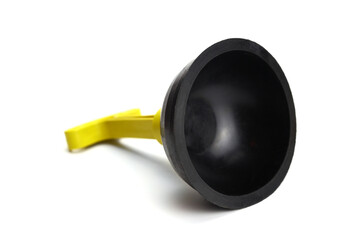 Rubber toilet plunger with yellow plastic handle isolated on white