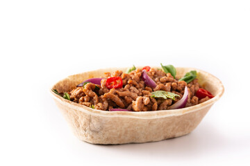 Mexican barquita taco with beef, chilli, tomato, onion and spices isolated on white background