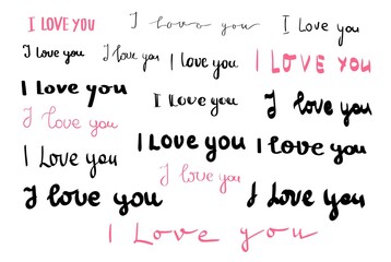 Fototapeta premium Set of Hand drawn lettrings I love you. Black and pink quotes isolated on white background