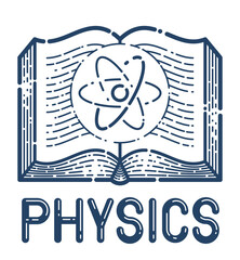 Open book with atom vector linear icon, education and scientific physics literature library reading line art symbol or logo.