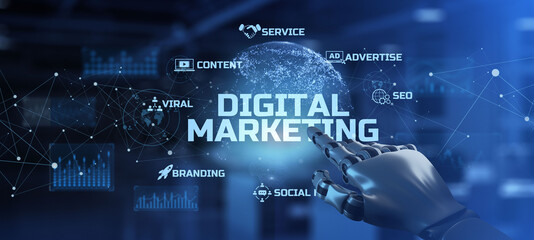 DIgital marketing Online advertising internet technology concept. Robotic arm 3d rendering.