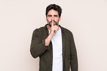 Young handsome man with beard over isolated background showing a sign of silence gesture putting finger in mouth