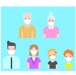 Big family of grandparents, parents and children wearing virus protection masks. Vector illustration