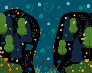 vector illustration forest and river, flowers on a dark background