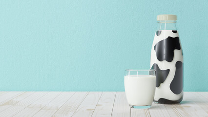 Bottle and glass of Milk on wooden table and Cow patterned bottle. 3D Render.