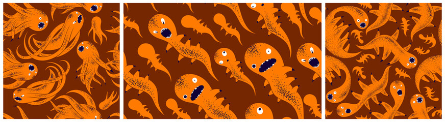 Scary horror monsters seamless vector textile pattern set, beasts creatures endless wallpaper, stylish background for Halloween theme, funny picture collection.