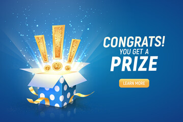 Opened textured blue box with exclamation signs explosion inside on a blue background. Winning gifts lottery vector illustration. Web banner with present