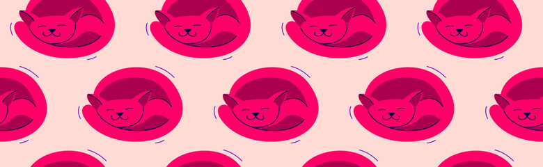 Funny cartoon cats sleeping seamless vector textile background pattern, asleep wallpaper or bedclothes for children, childish illustration image.