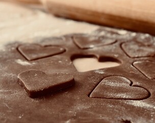 Fototapeta na wymiar Valentine's day. Cutting out hearts from rolled dough for making Christmas cookies.