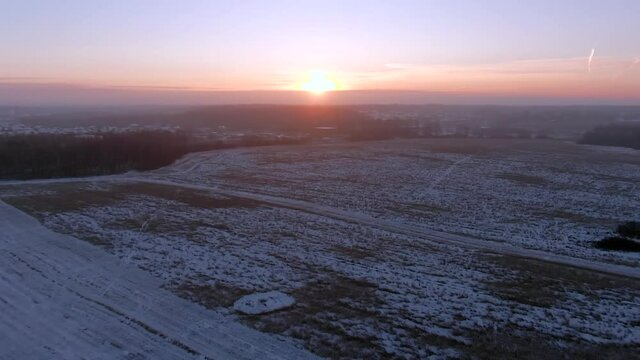 Aerial view panoramic landscape of cell towers at dawn in winter. Telecommunications and Communications Industry Infrastructure