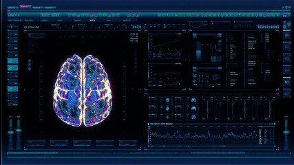 Holographic futuristic interface analyzing human brain anatomy and morphology. Medical profile of patient, brain lobes, neuron cell animation. Nerve impulses, EEG, electrical activity of the brain. - Powered by Adobe