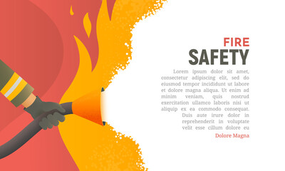 Fire safety vector illustration. Precautions the use of fire background template. A firefighter fights a fire cartoon flat design. Natural fires and disasters web banner - obrazy, fototapety, plakaty